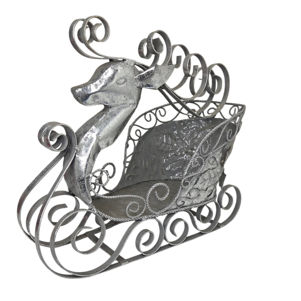 Silver Metal Reindeer Sleigh Christmas Holiday Decor Centerpiece Vase Basket